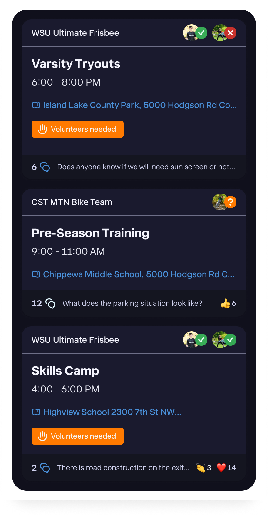 Hey app calendar: multiple kids, multiple teams, one view